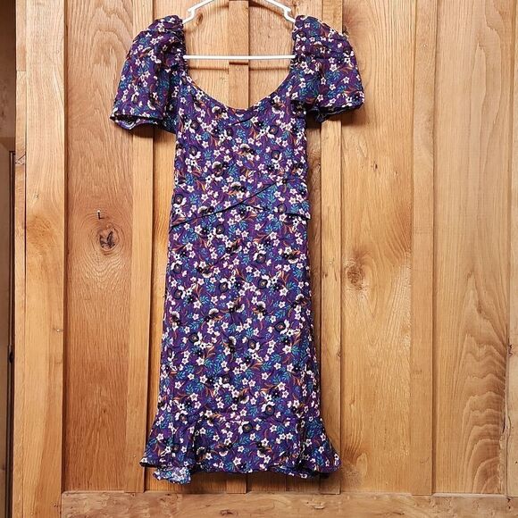 BOG Bohemian Floral Short Flutter Sleeve Mini Dress, Medium, Purple & Ivory - Picture 1 of 10